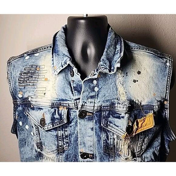 Another Hype Piece Denim Sleeveless Jacket Blue Acid Wash Distressed, Size - M - Picture 2 of 4
